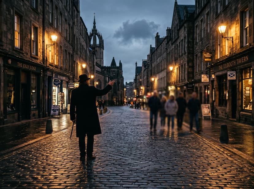 Tour guide leading a small group down the Royal Mile at dusk
