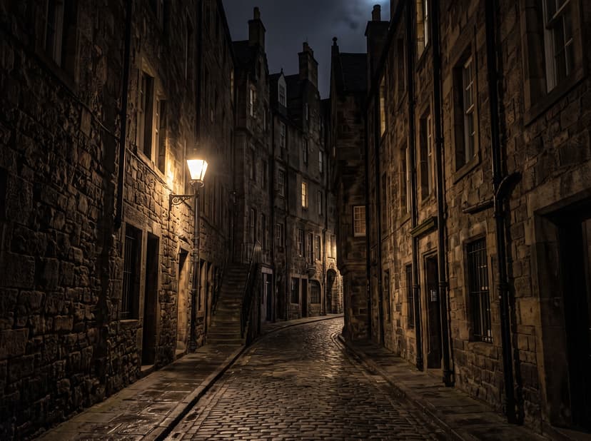 Narrow lantern-lit gothic close in Edinburgh's Old Town at night