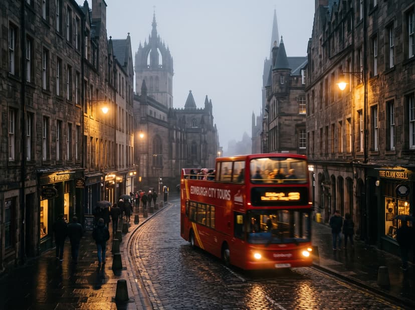 Red open-top sightseeing bus on a misty Old Town street at dusk
