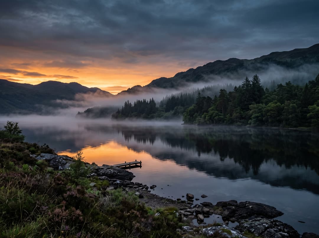 Loch Lomond reflecting misty hills at dusk