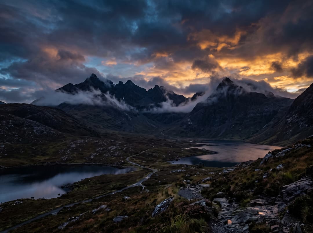Dramatic Cuillin mountains on the Isle of Skye at dusk