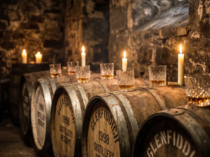 Whisky barrels and tasting glasses in a candlelit Edinburgh cellar