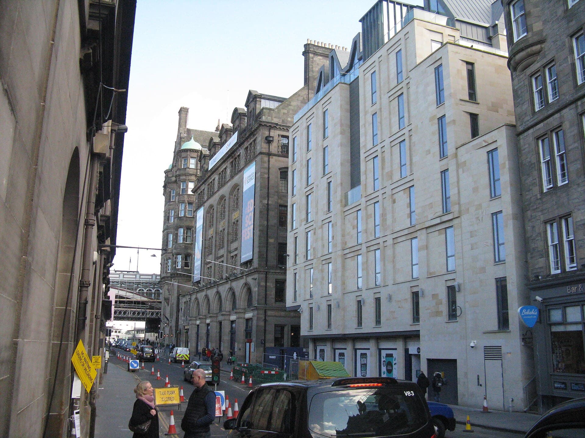 Market Street in Edinburgh, a modern city-centre street below the Old Town, where the Edinburgh Dungeon is located