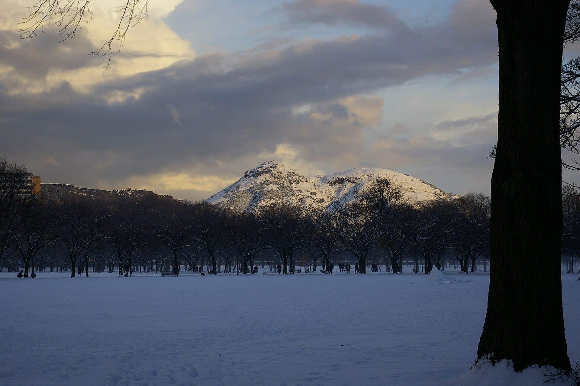 Arthur's Seat seen from the Meadows on a clear winter day in Edinburgh