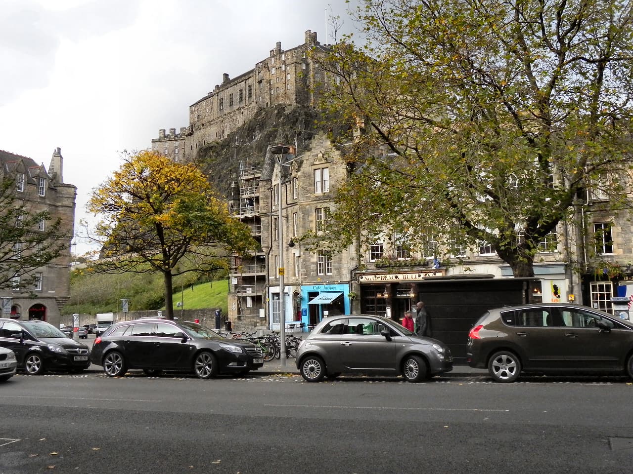 The Grassmarket in Edinburgh with the Castle above it