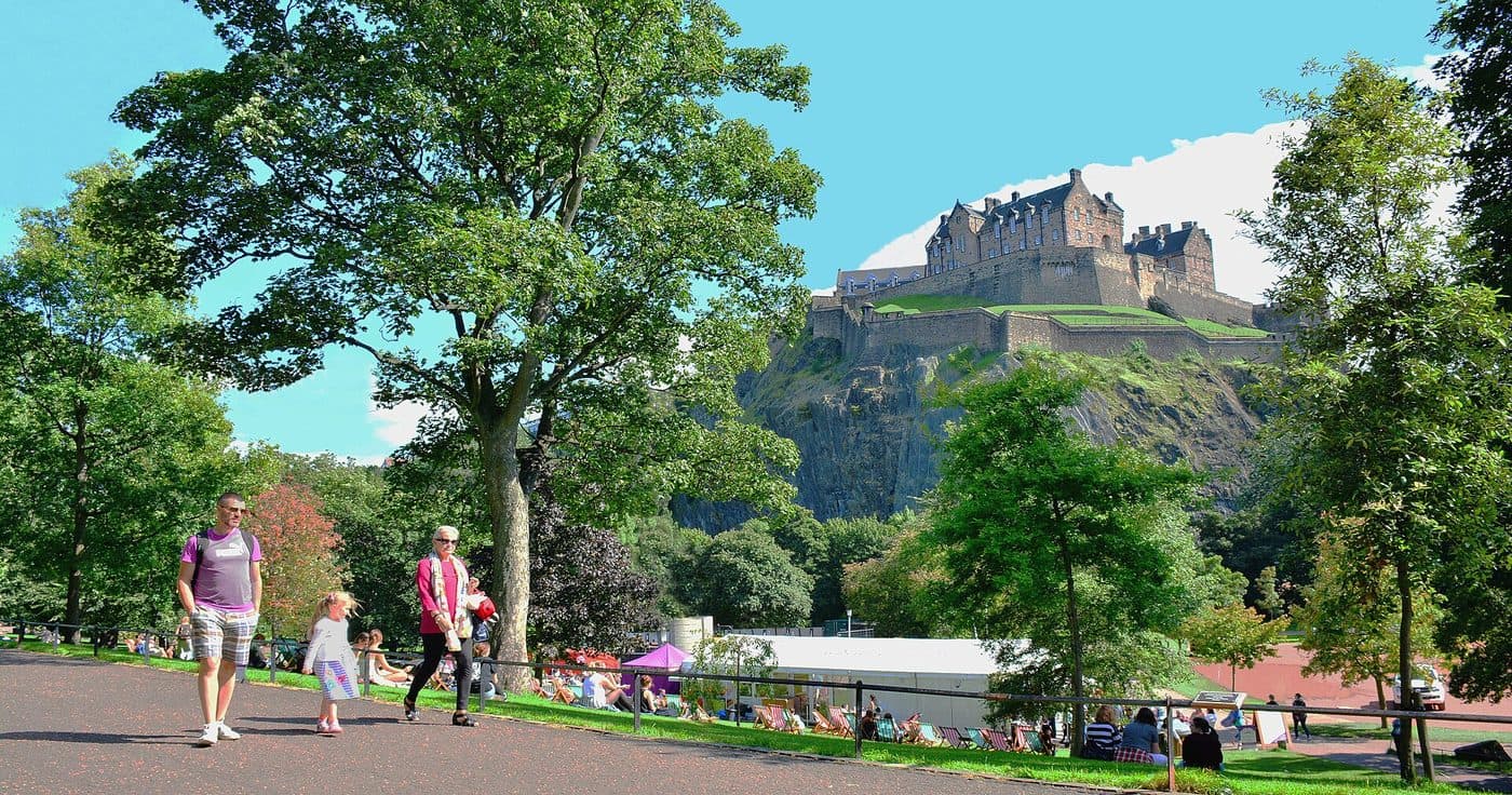 Princes Street Gardens laid out in the valley below Edinburgh Castle on its rock