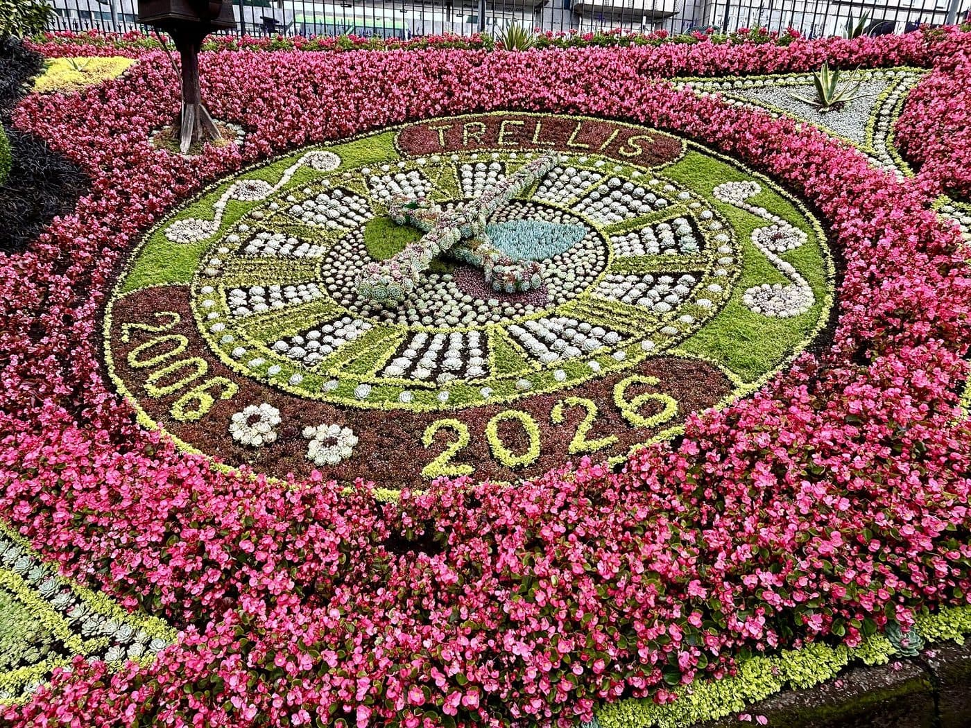 The floral clock in West Princes Street Gardens, its face planted with dense low bedding plants