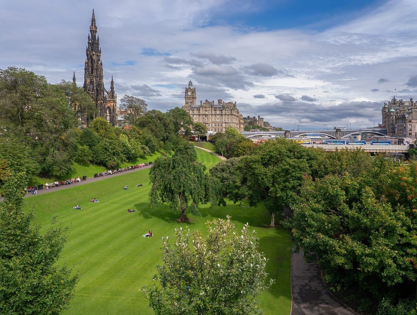 The Scott Monument in Edinburgh, a blackened Victorian Gothic spire rising above Princes Street Gardens