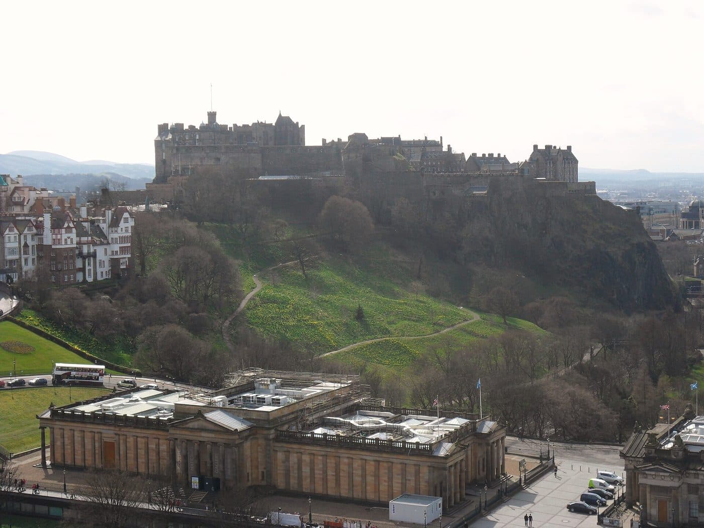 Edinburgh Castle and the Old Town skyline seen from the top viewing platform of the Scott Monument