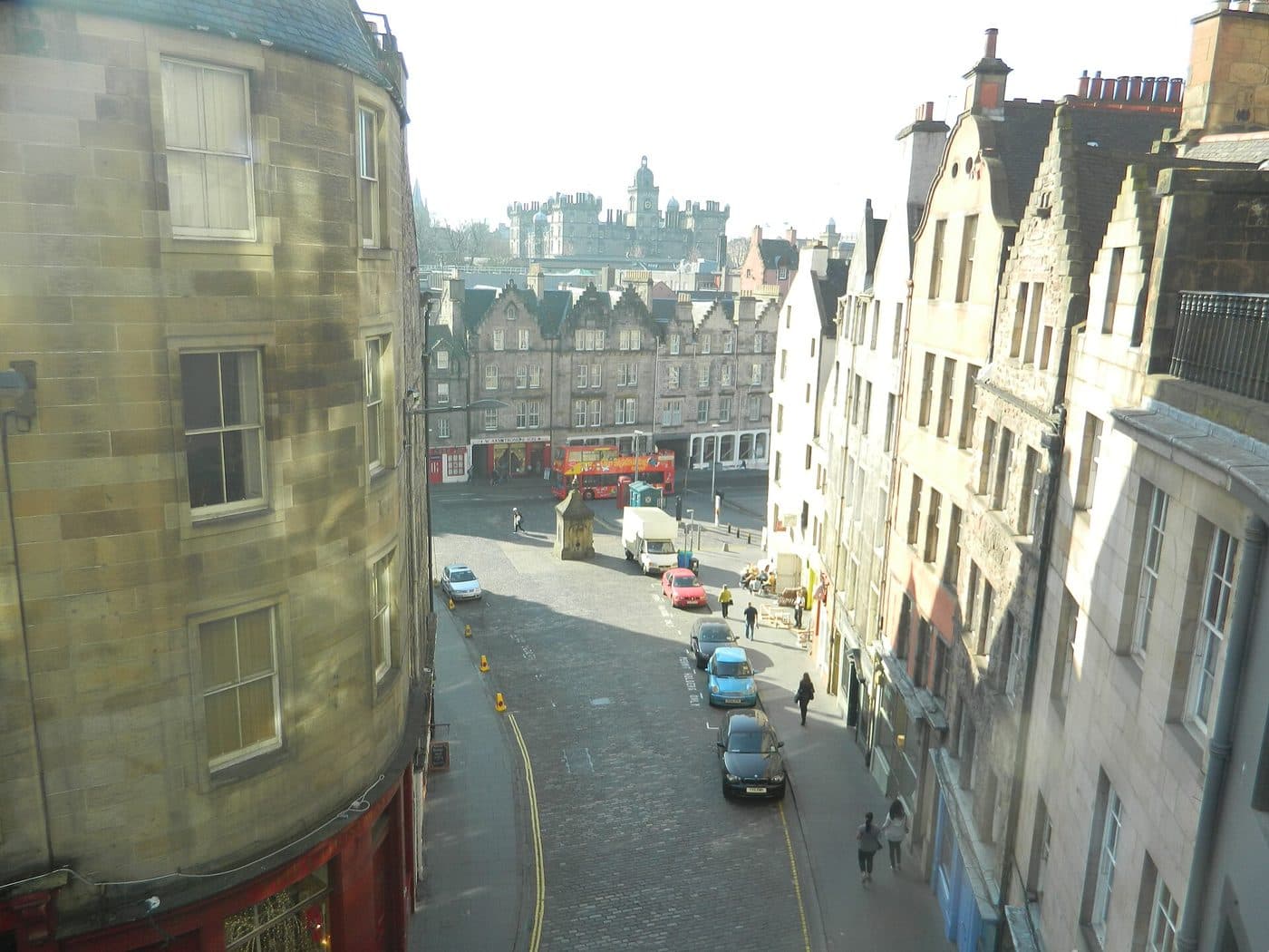 Looking down the curve of West Bow from Victoria Terrace towards the Grassmarket in Edinburgh