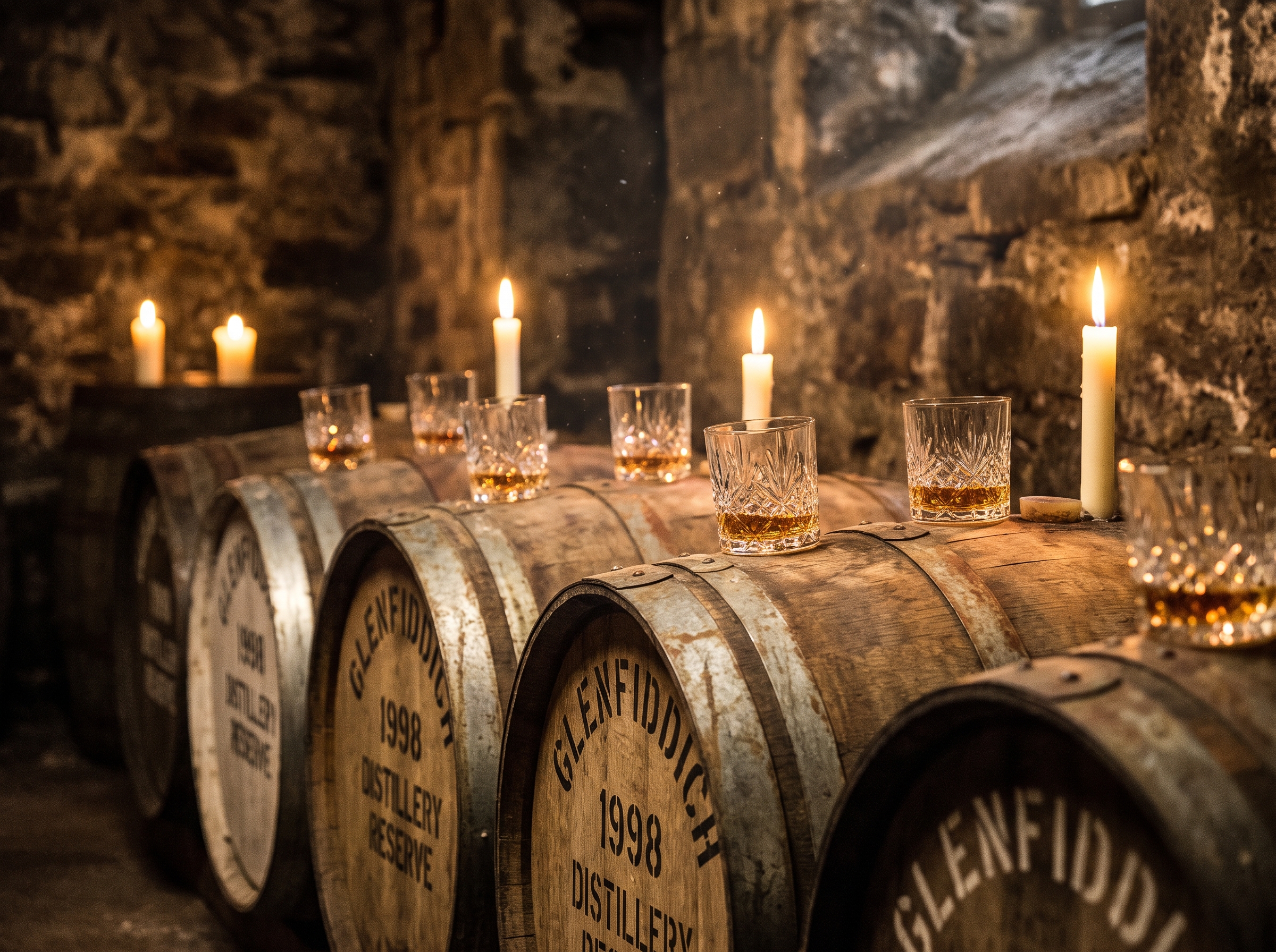 Whisky barrels and tasting glasses in a candlelit Edinburgh cellar